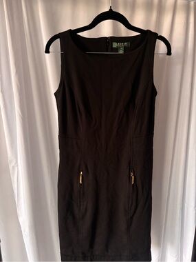 Ralph Lauren Black Sleeveless Midi Sheath Dress with Gold Zippers